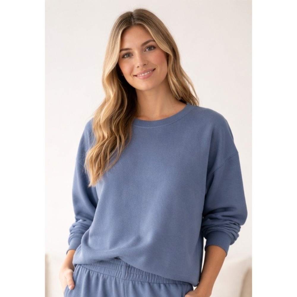 Pact Women's Organic Cotton Crewneck Sweatshirt Dusty Blue Pullover Casual Crop